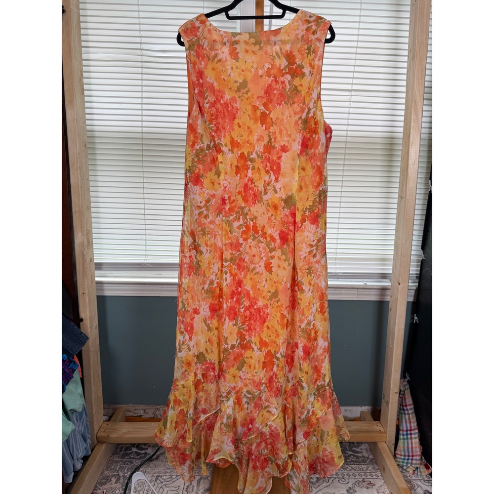 Studio I Womens 24W Orange Floral V-Neck Sleeveless Ruffle Hem Maxi Dress - Picture 3 of 4